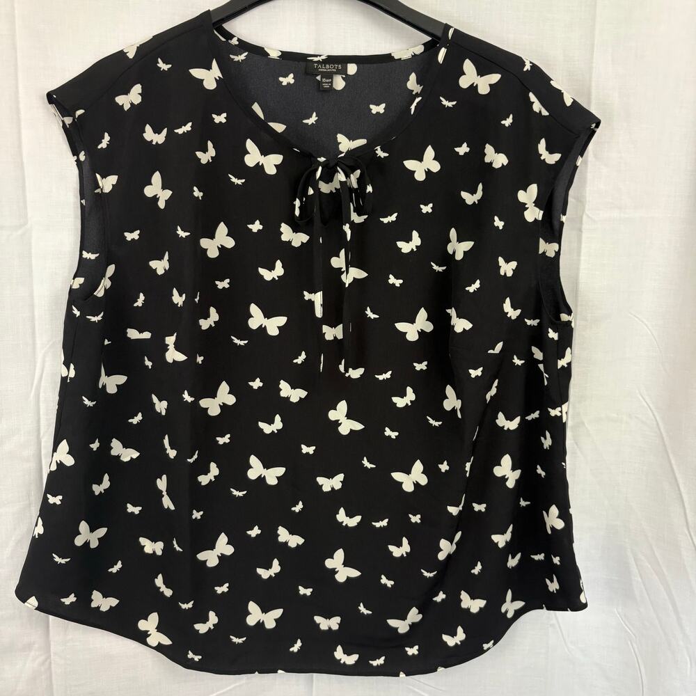 Talbots Cap Sleeve Top Sz 16WP Black & White Butterfly  Print Boho Peasant